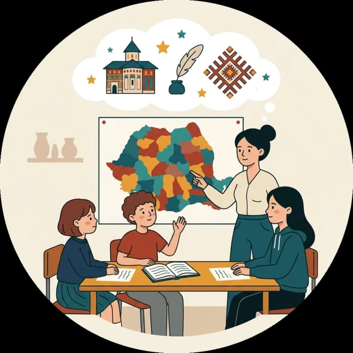 O profesoară arată harta regiunilor unei grupe de elevi